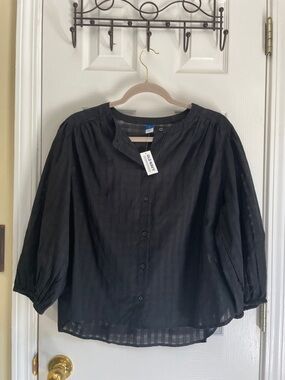 Old Navy Black Cotton Preppy Coquette Boho Button-Front Puff Sleeve Blouse